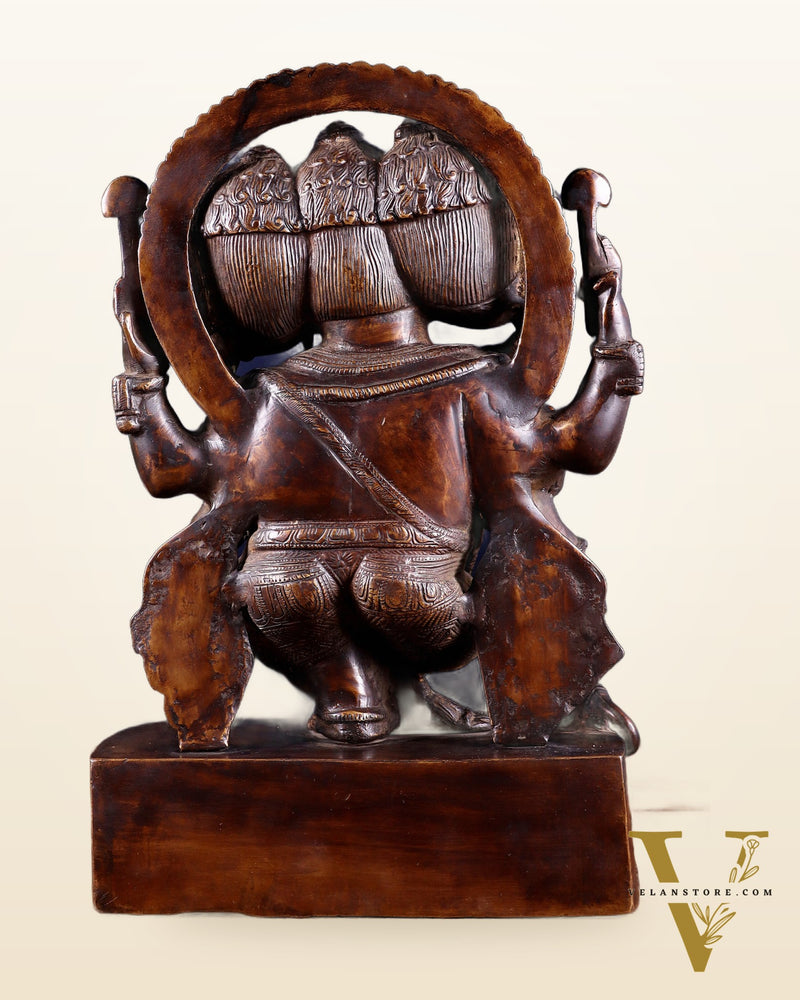 Vintage Brass Trimukha dancing Ganapati Sculpture | Three-Faced Lord Ganesha | 12"
