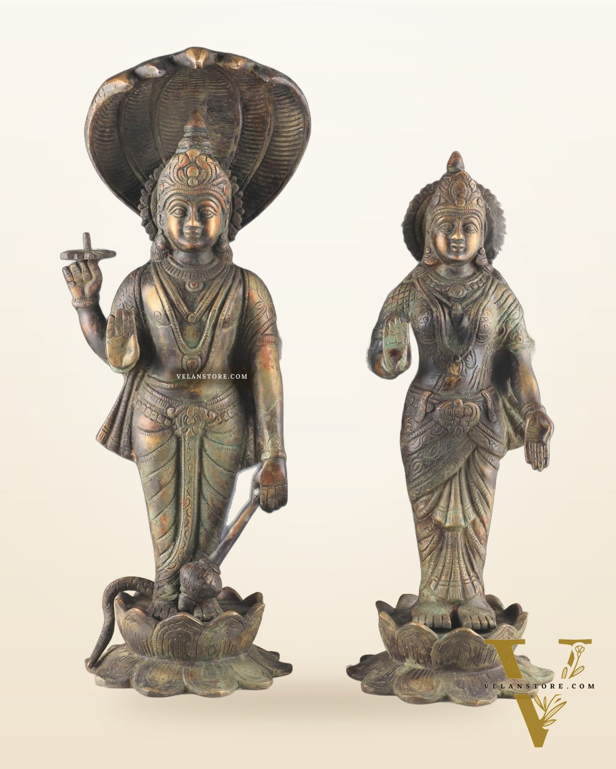 Vintage Brass Vishnu and Lakshmi idol pair 18"