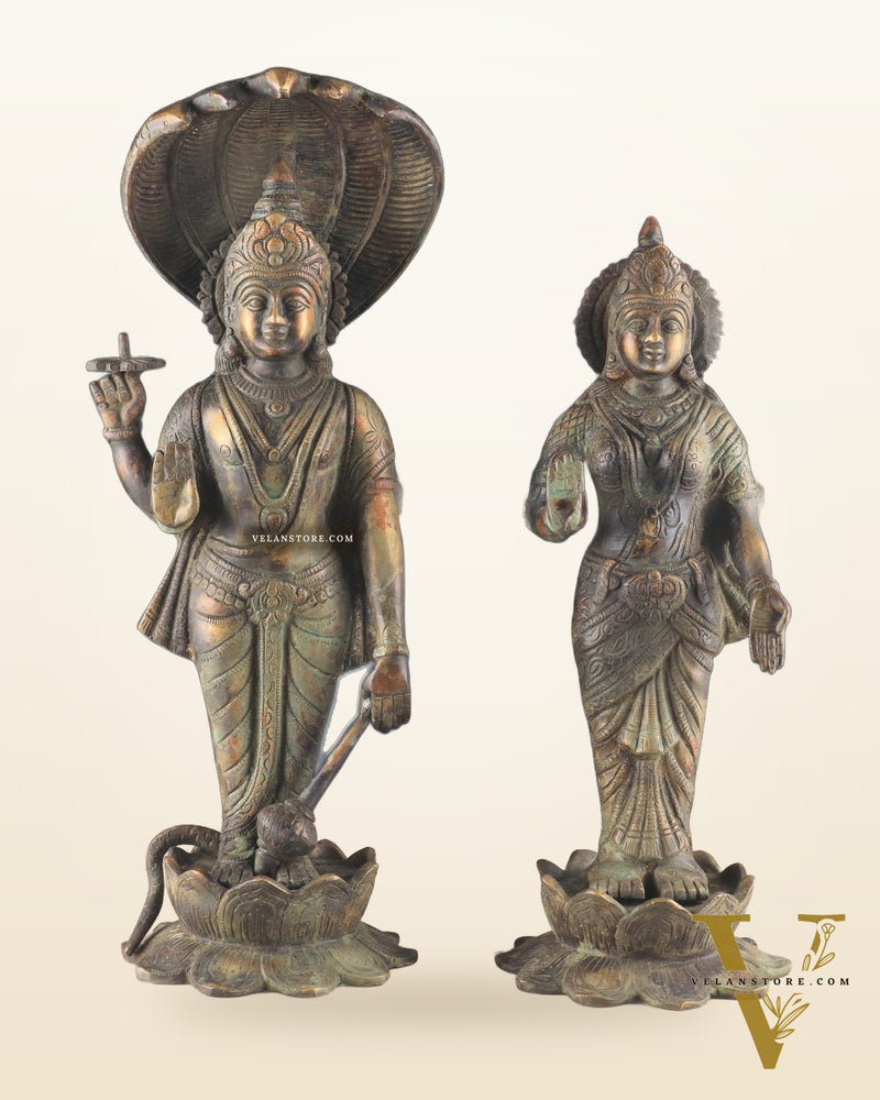 Vintage Brass Vishnu and Lakshmi idol pair 18"