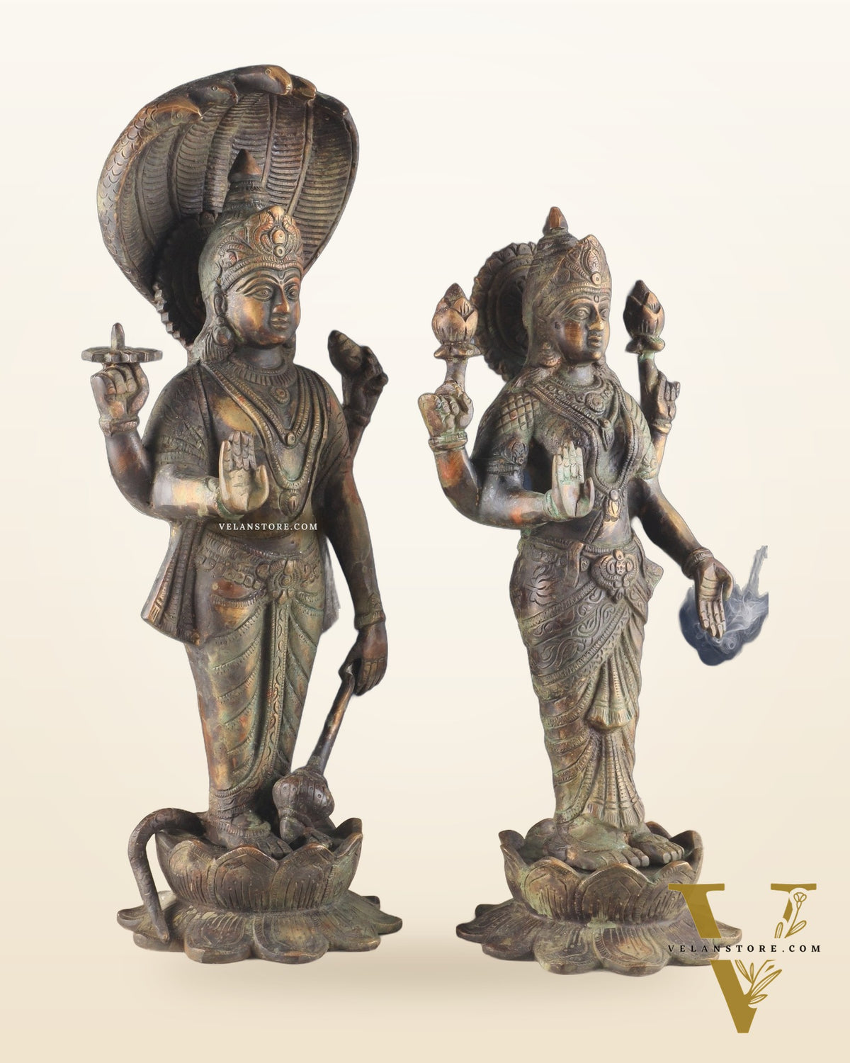 Vintage Brass Vishnu and Lakshmi idol pair 18"