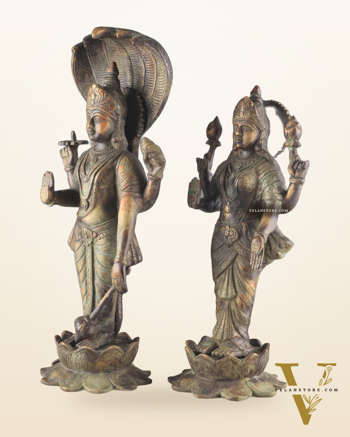 Vintage Brass Vishnu and Lakshmi idol pair 18"