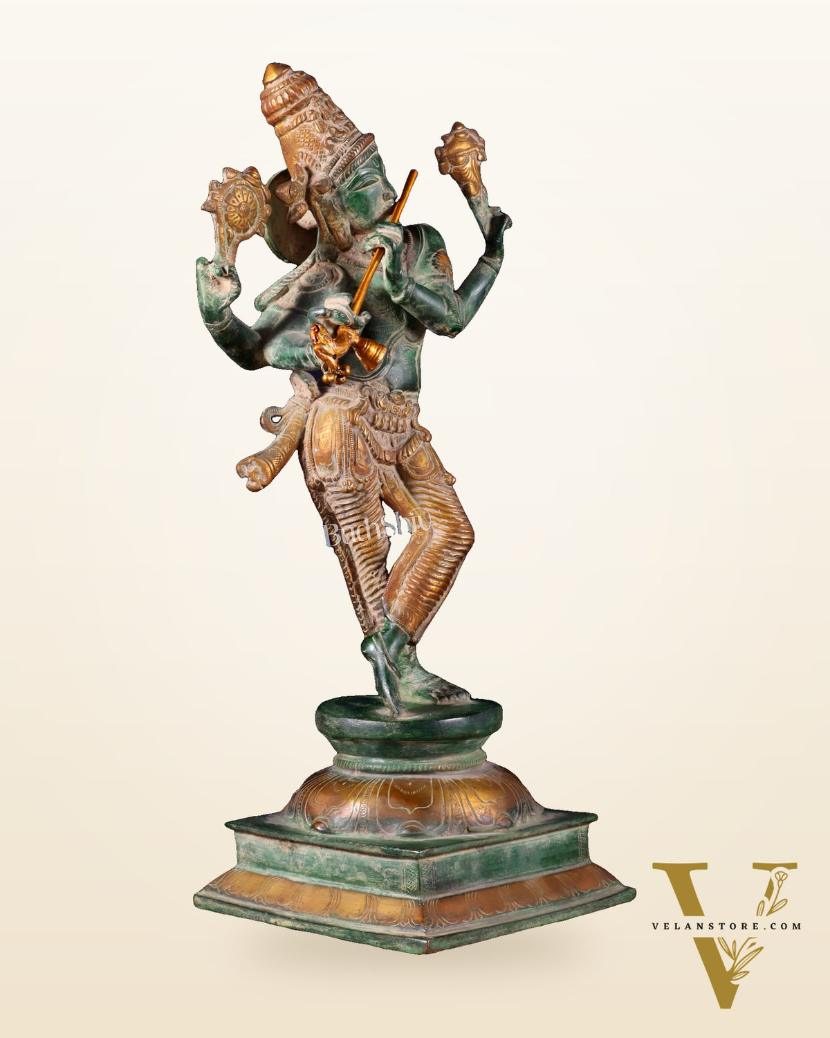 Vintage Brass Vishnu as Lord Krishna Statue - Green Sand Finish 14.5"