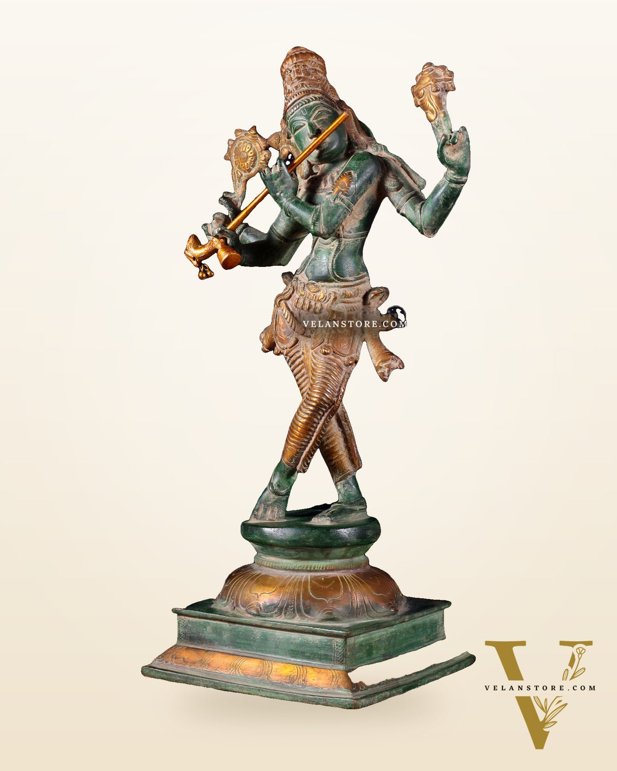 Vintage Brass Vishnu as Lord Krishna Statue - Green Sand Finish 14.5"