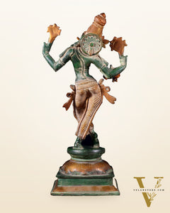 Vintage Brass Vishnu as Lord Krishna Statue - Green Sand Finish 14.5"