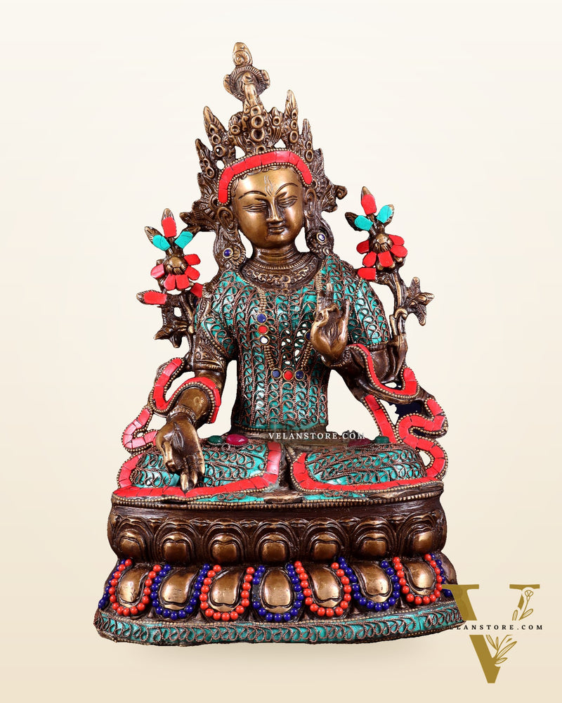 Vintage Brass white Tara Statue with copper wire work meenakari| 14 inches Height