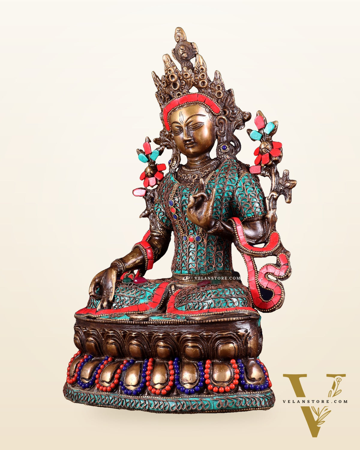 Vintage Brass white Tara Statue with copper wire work meenakari| 14 inches Height