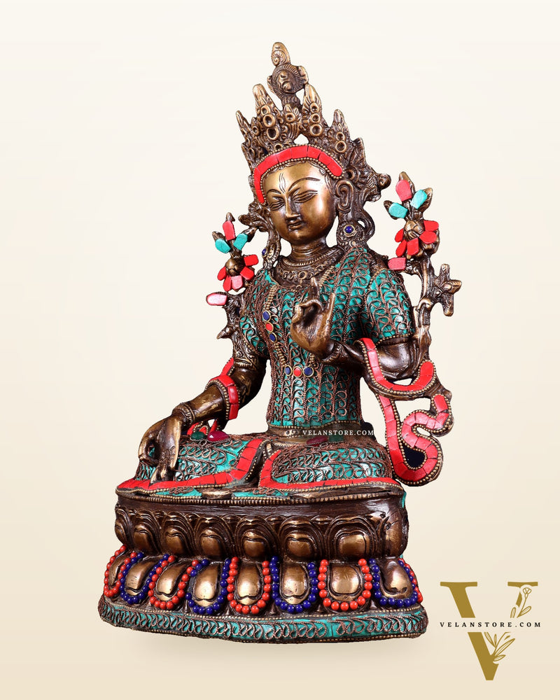 Vintage Brass white Tara Statue with copper wire work meenakari| 14 inches Height