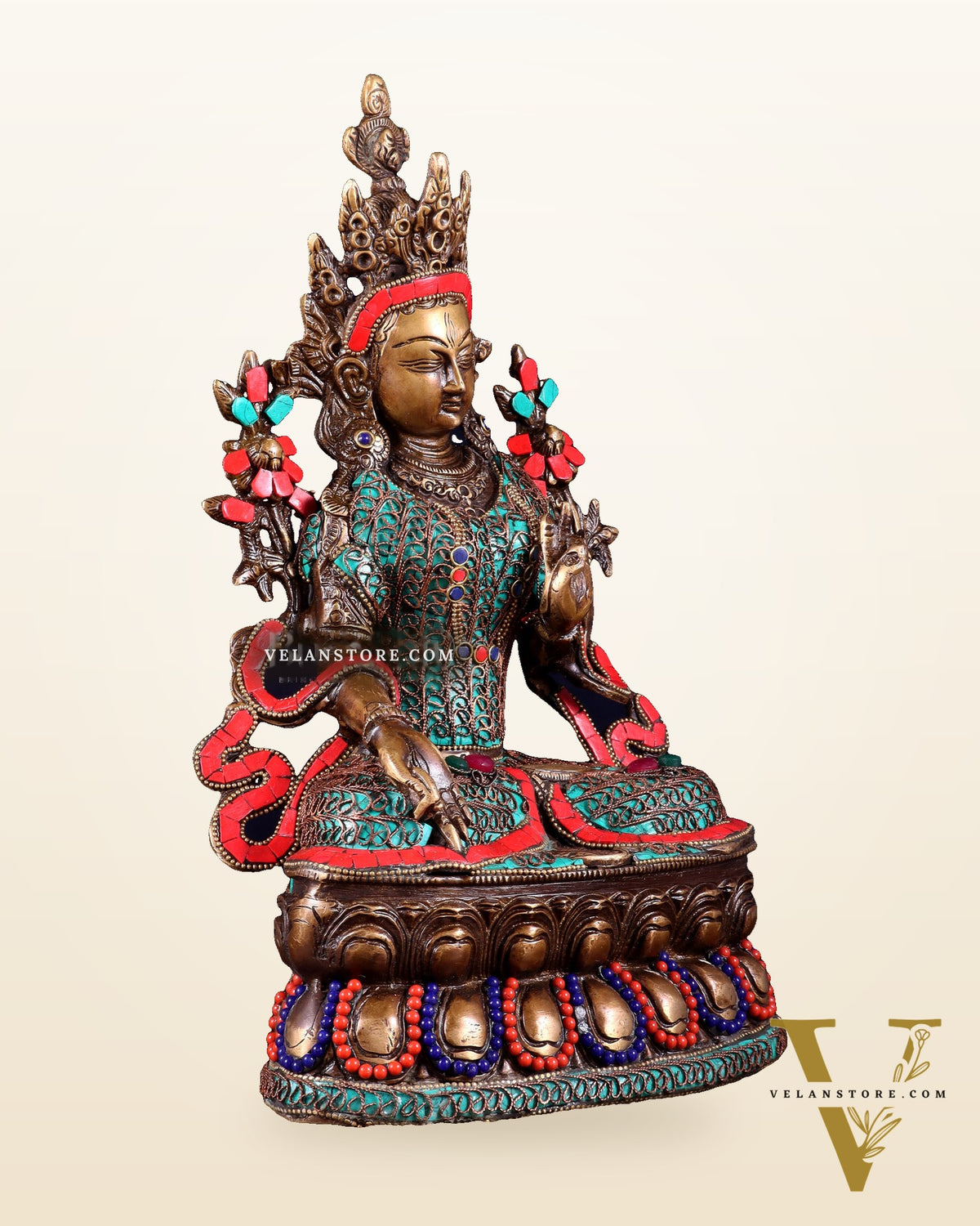 Vintage Brass white Tara Statue with copper wire work meenakari| 14 inches Height