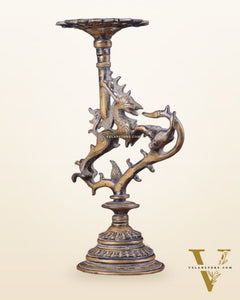 Vintage Brass Yali Candle Holder 9"