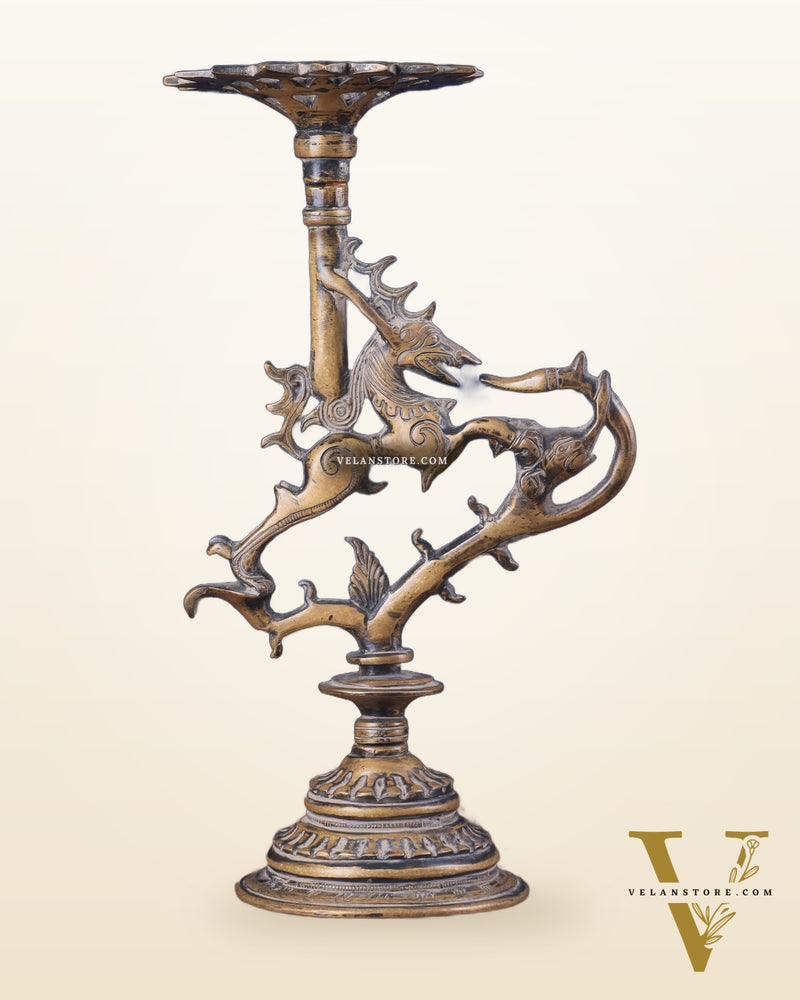 Vintage Brass Yali Candle Holder 9"