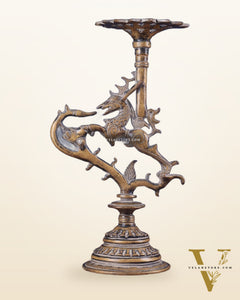 Vintage Brass Yali Candle Holder 9"