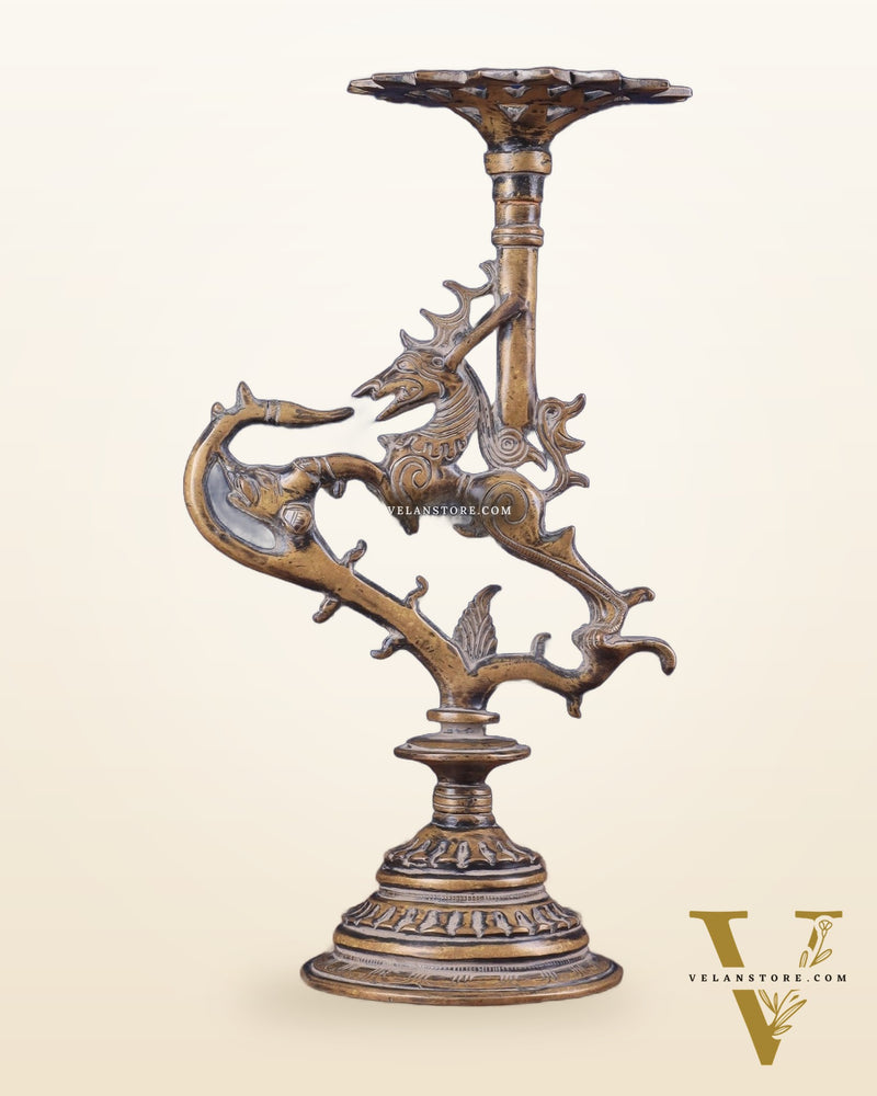 Vintage Brass Yali Candle Holder 9"