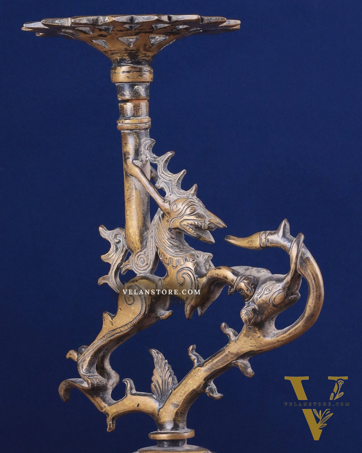Vintage Brass Yali Candle Holder 9"