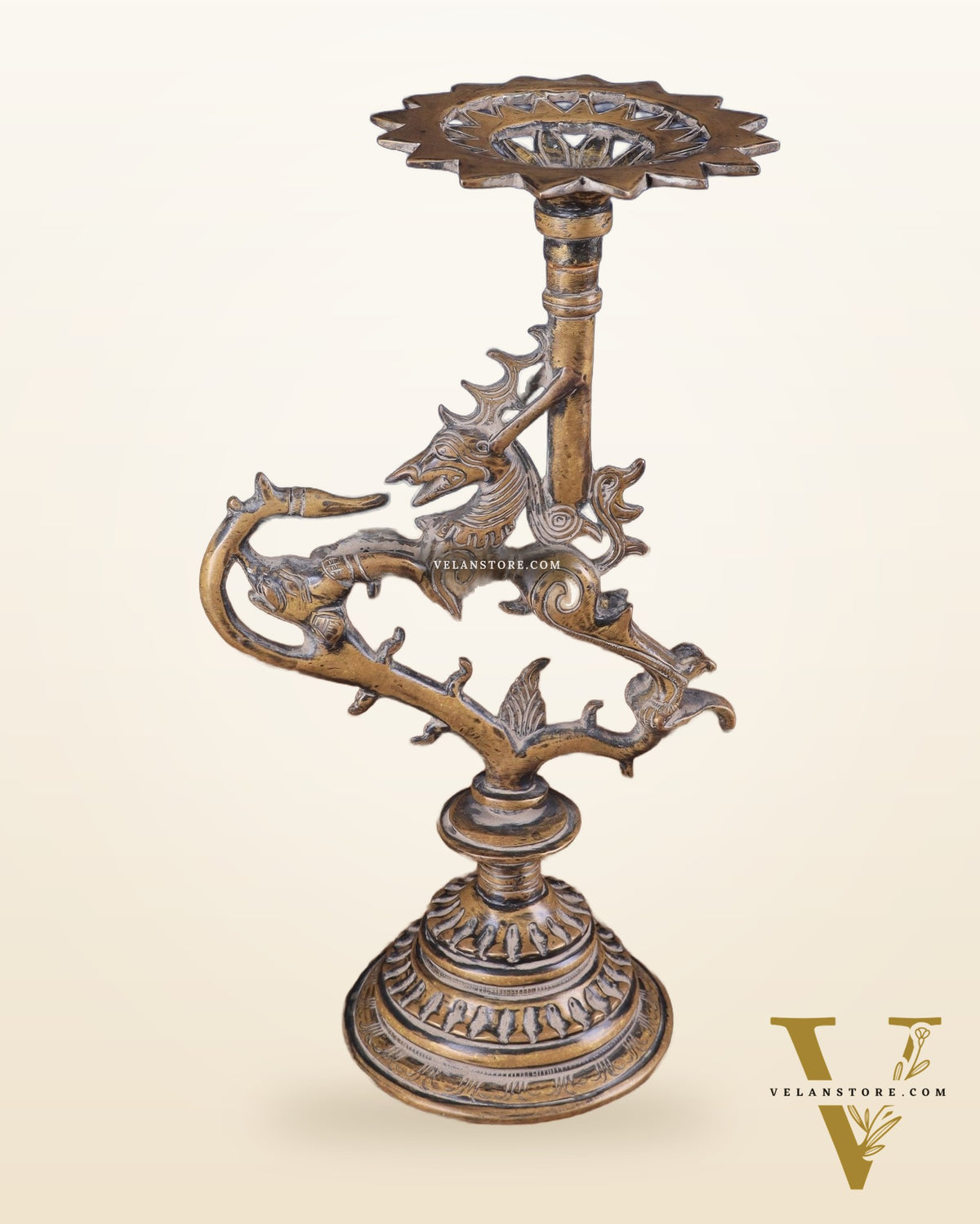 Vintage Brass Yali Candle Holder 9"