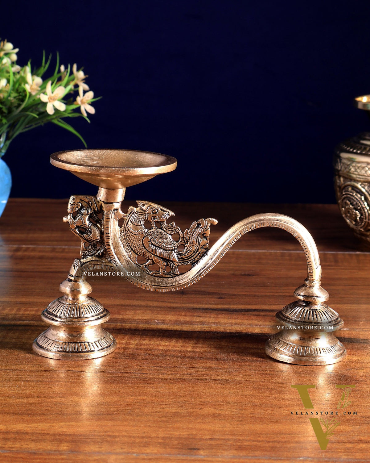 Vintage Brass Yali Design Aarti Diya with Handle
