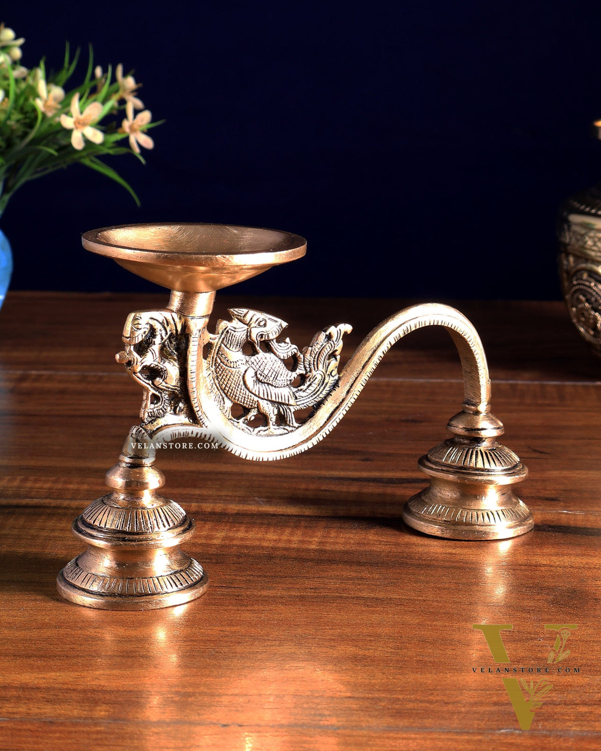 Vintage Brass Yali Design Aarti Diya with Handle