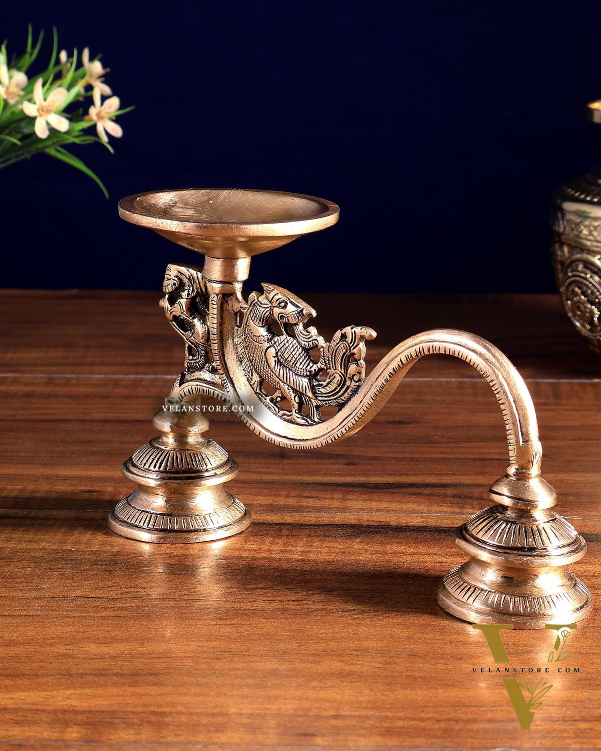 Vintage Brass Yali Design Aarti Diya with Handle