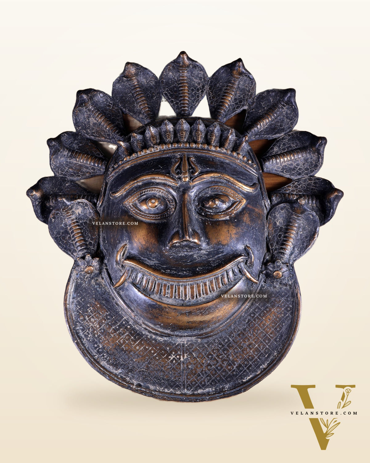 Vintage Bronze Kaal Bhairav Face Mask | Bhuta Wall Hanging 21 inch