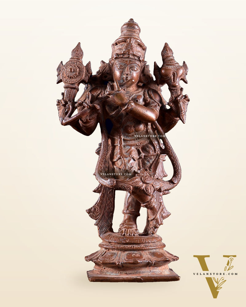 Vintage Copper Vishnu roopam Charbhuja Krishna Idol | 6" Natural Antique patina