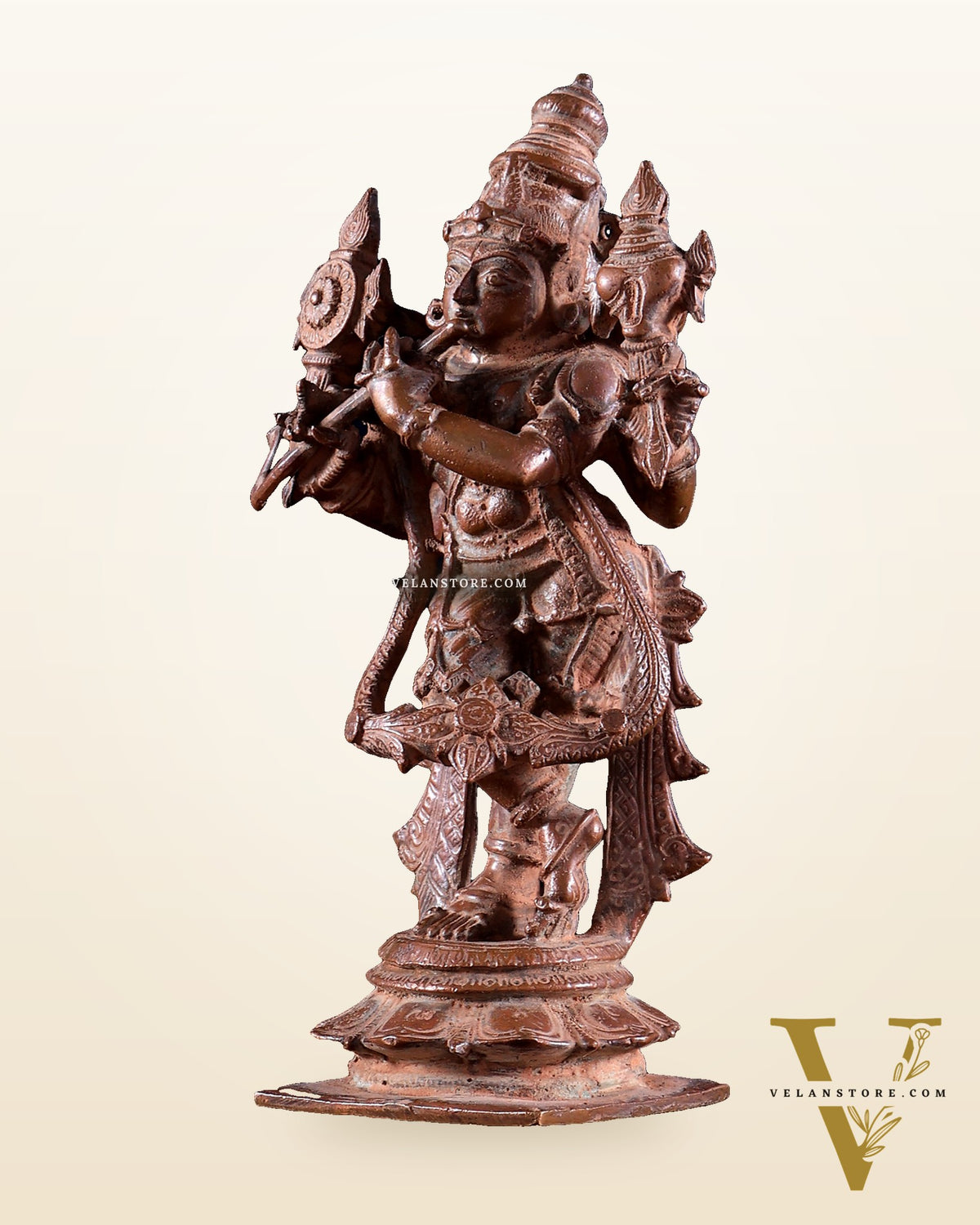 Vintage Copper Vishnu roopam Charbhuja Krishna Idol | 6" Natural Antique patina