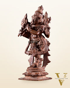 Vintage Copper Vishnu roopam Charbhuja Krishna Idol | 6" Natural Antique patina
