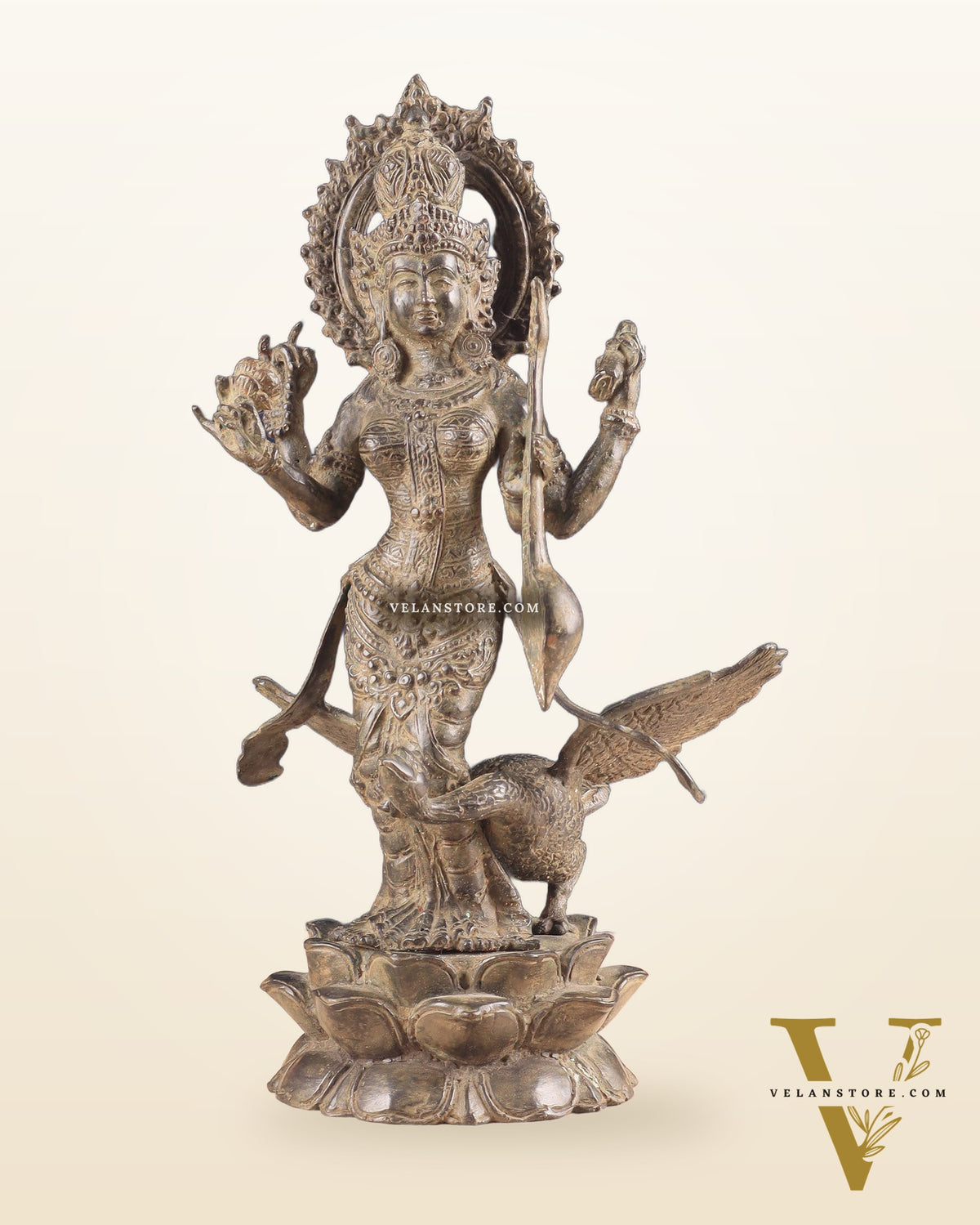 Vintage Indonesian Bronze Goddess Saraswati with Swan Sculpture 14"