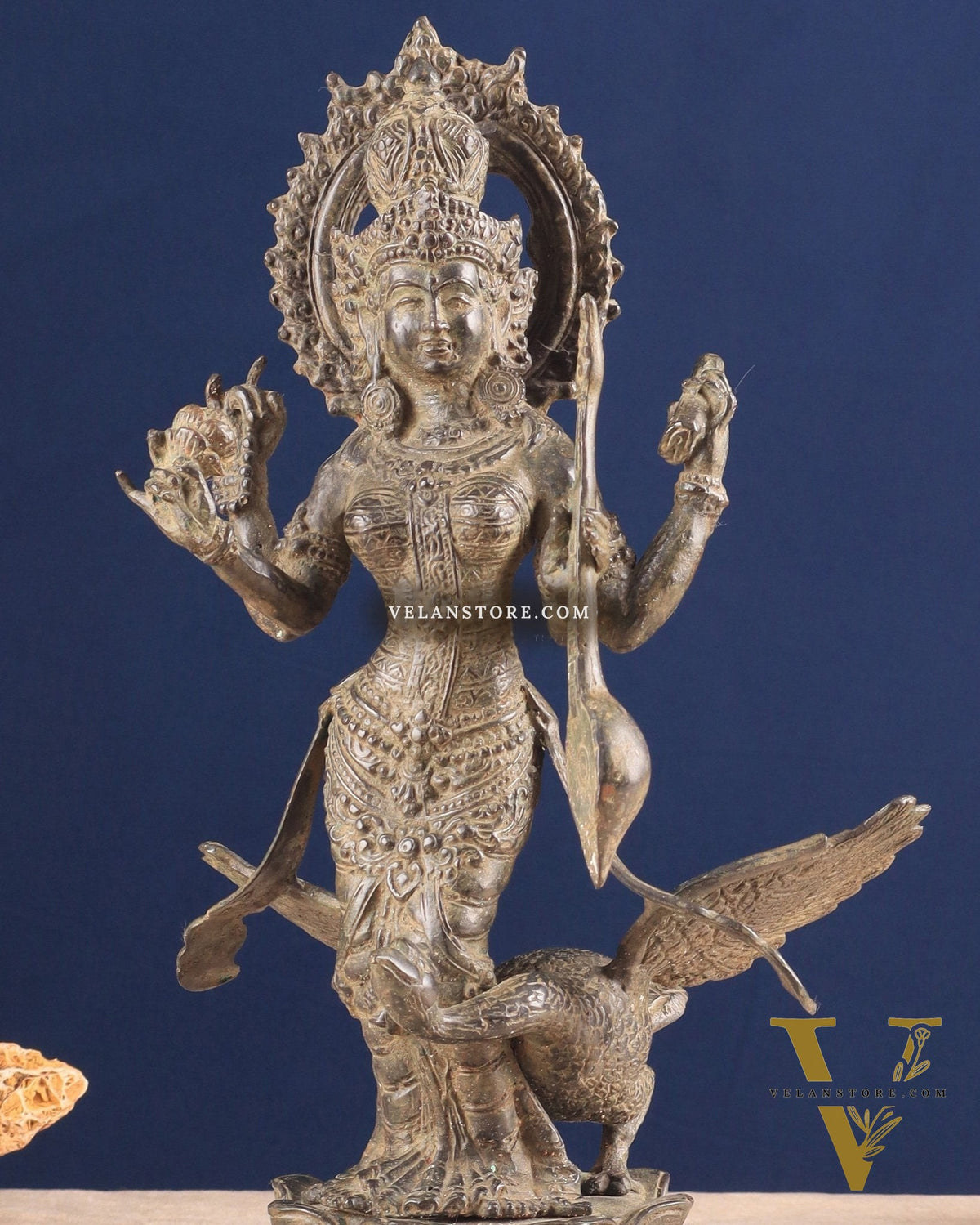 Vintage Indonesian Bronze Goddess Saraswati with Swan Sculpture 14"