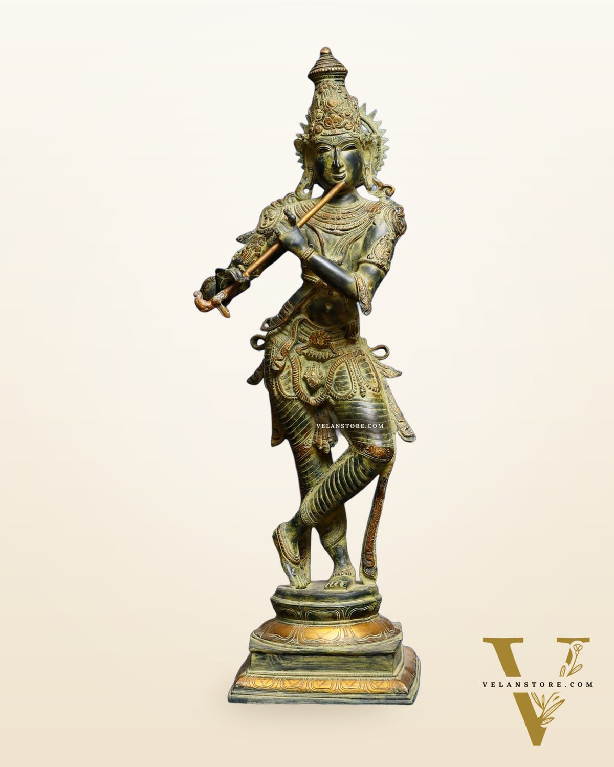 Vintage Krishna Brass Statue 35 inch algae green patina