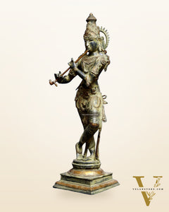 Vintage Krishna Brass Statue 35 inch algae green patina