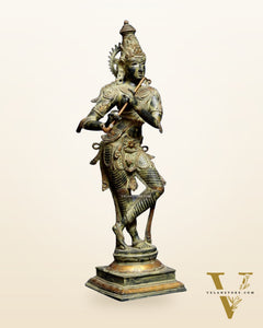 Vintage Krishna Brass Statue 35 inch algae green patina