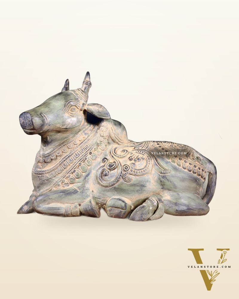 Vintage Pure Brass Nandi Statue – Sand Patina Finish | 13 inch
