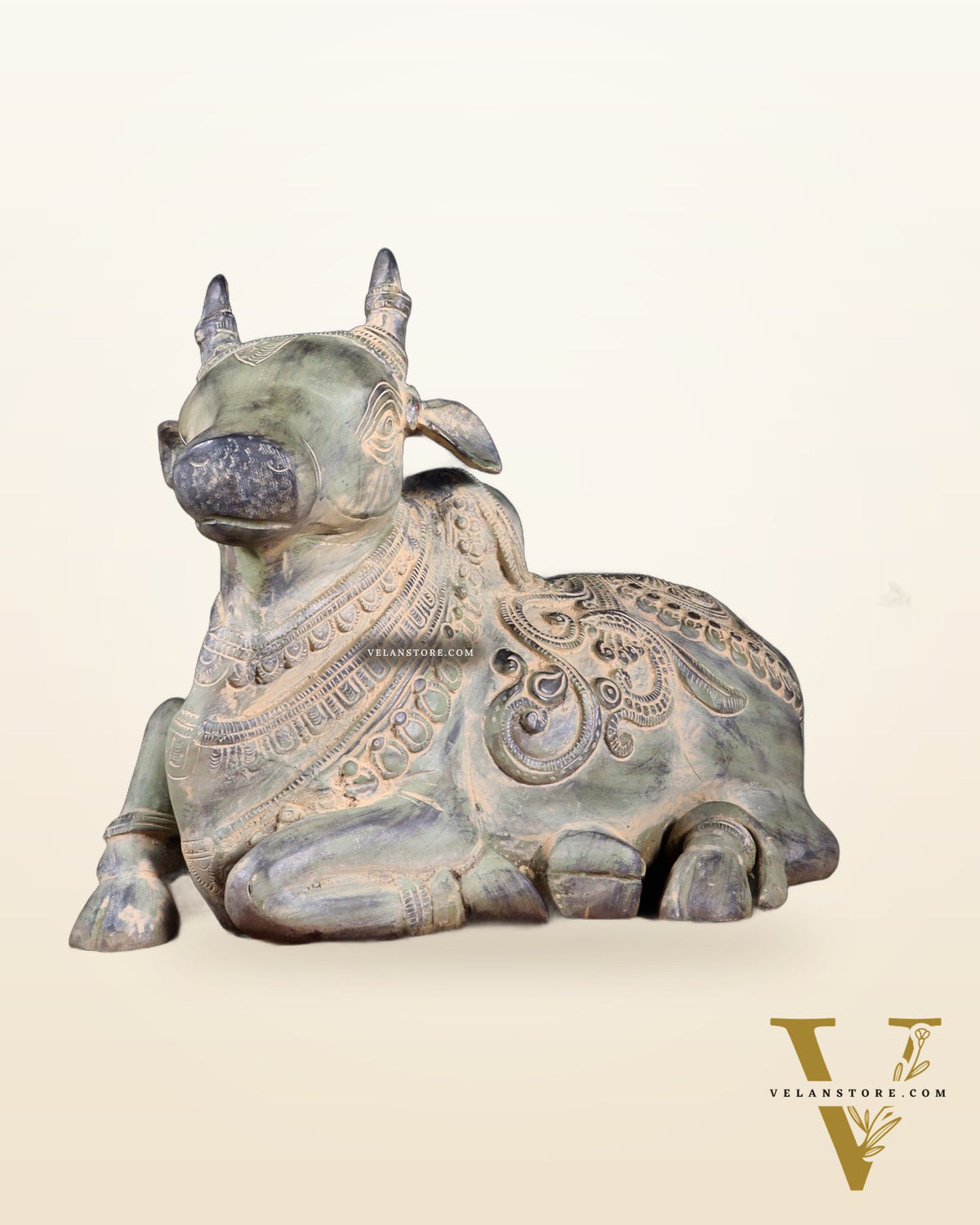 Vintage Pure Brass Nandi Statue – Sand Patina Finish | 13 inch