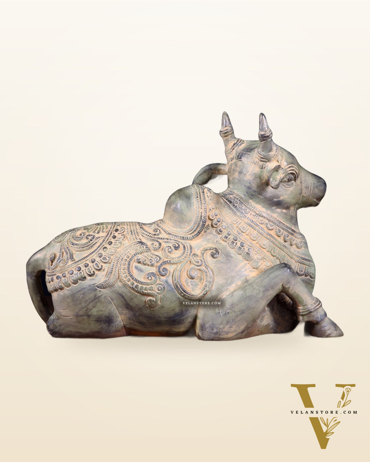 Vintage Pure Brass Nandi Statue – Sand Patina Finish | 13 inch