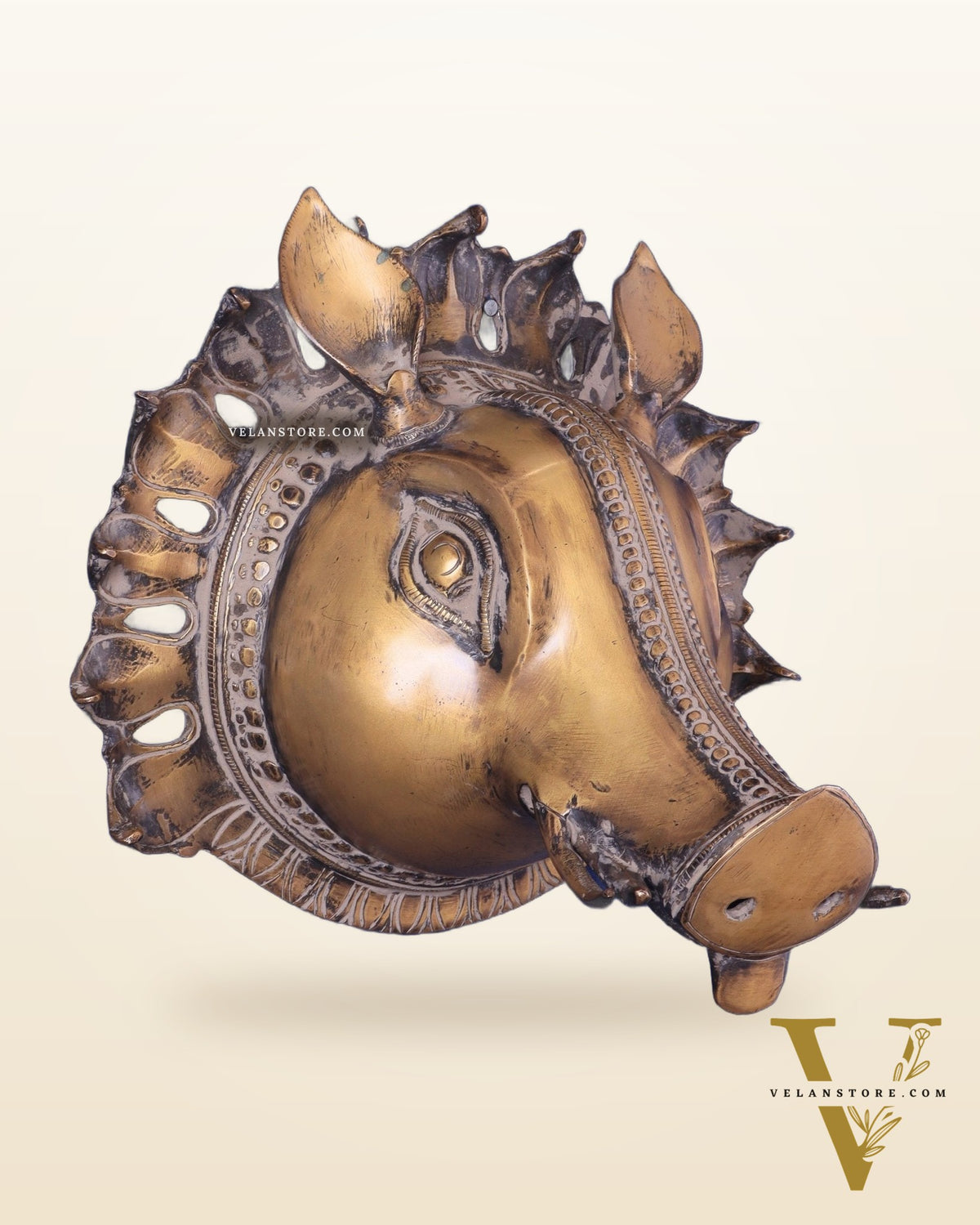 Vintage Pure Brass Varaha Face Wall Hanging – Bronze Tone Décor 10"