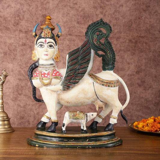 Vintage Brass Kamdhenu Cow with calf Statue | 16.5" hand-painted