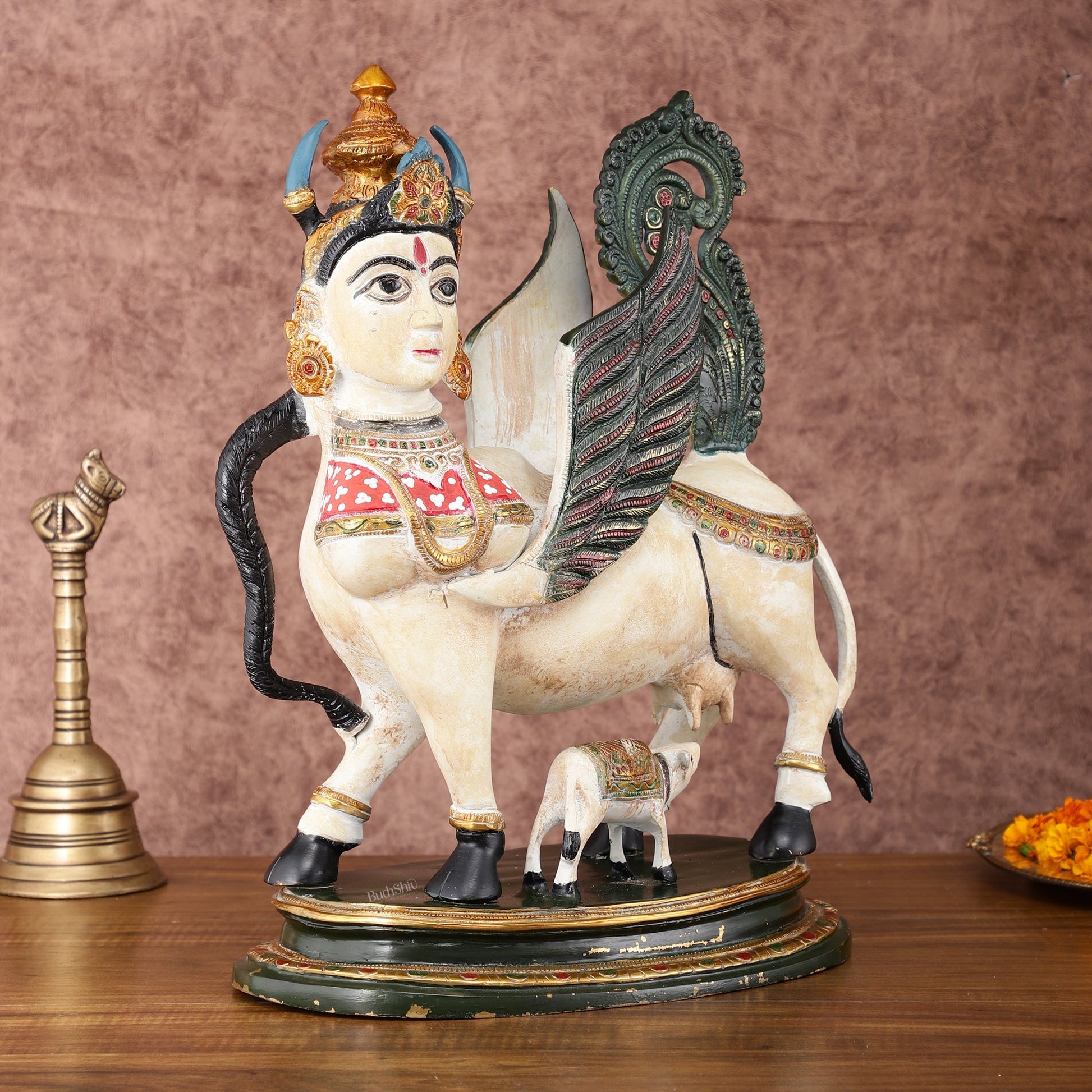 Vintage Brass Kamdhenu Cow with calf Statue | 16.5" hand-painted