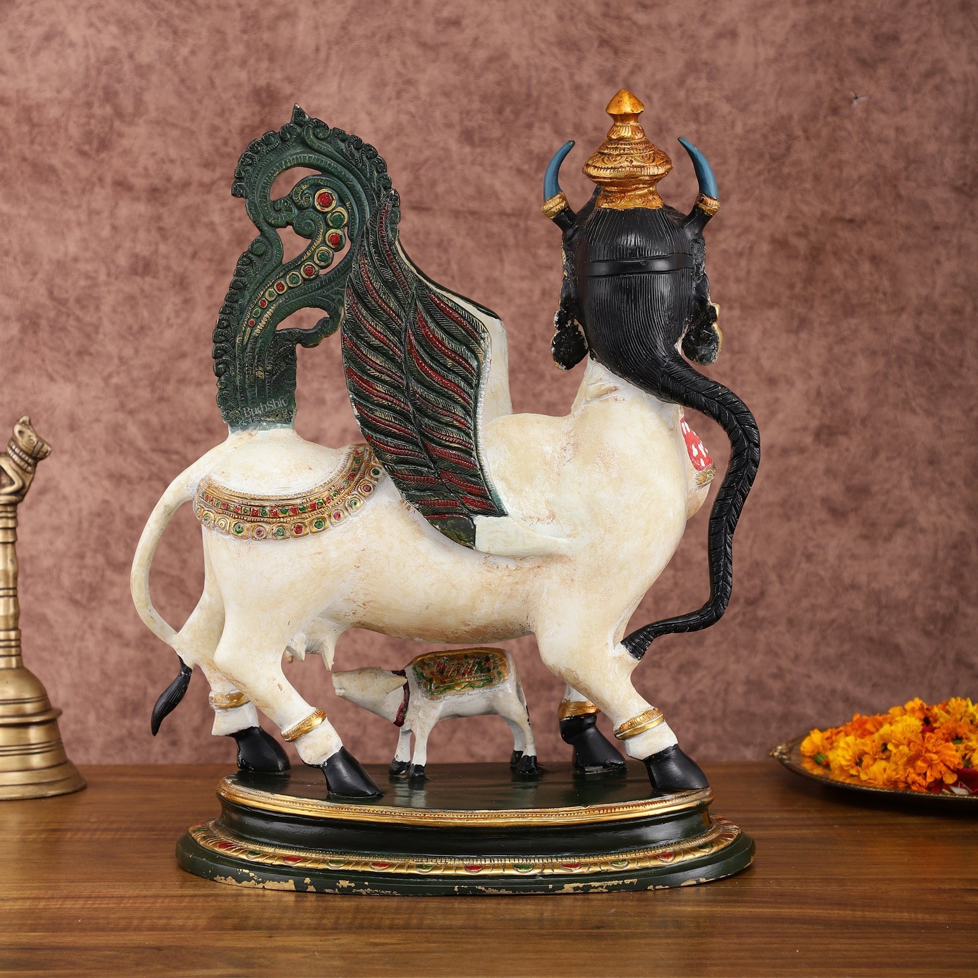 Vintage Brass Kamdhenu Cow with calf Statue | 16.5" hand-painted