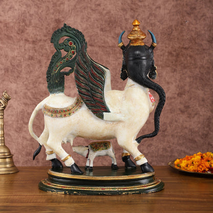 Vintage Brass Kamdhenu Cow with calf Statue | 16.5" hand-painted