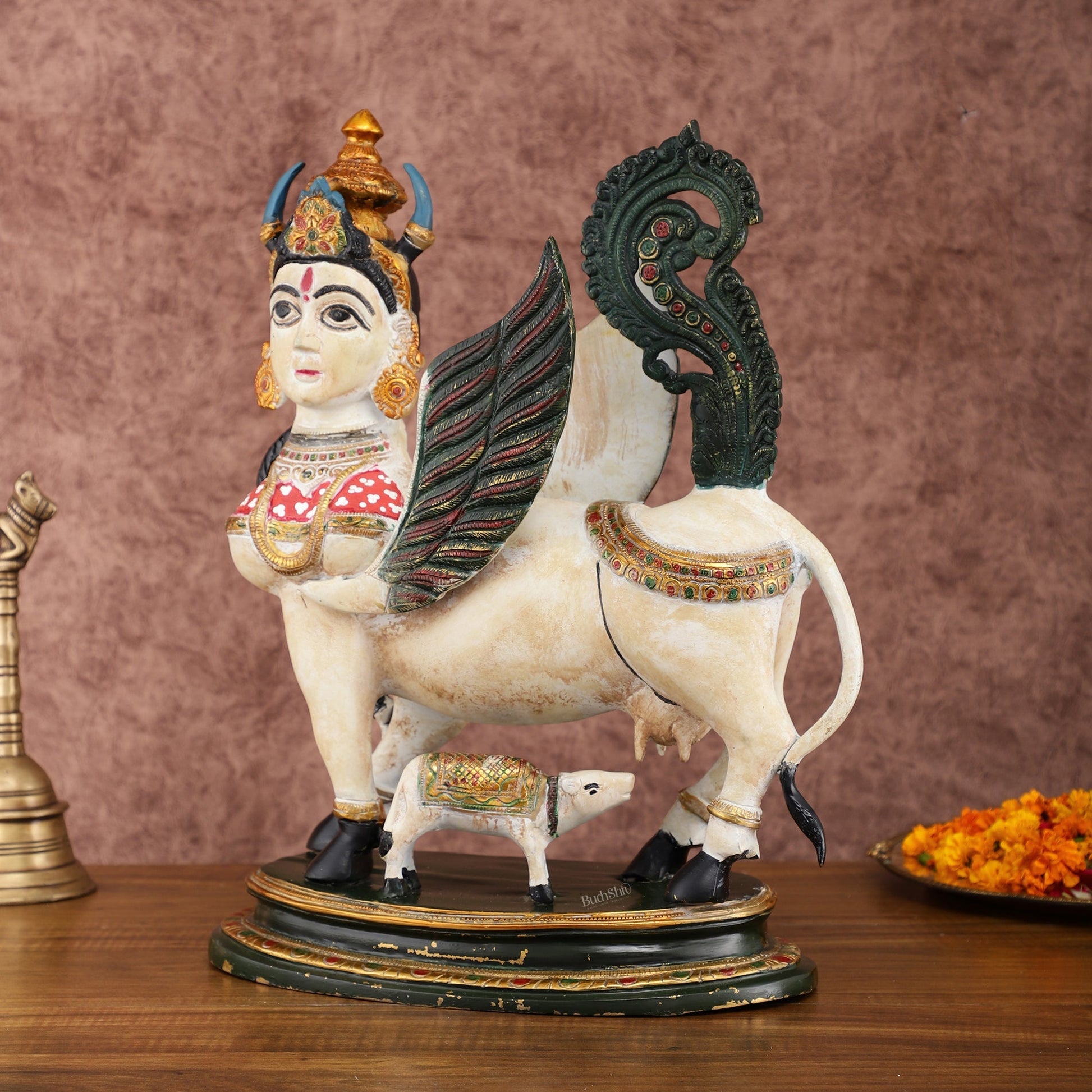 Vintage Brass Kamdhenu Cow with calf Statue | 16.5" hand-painted