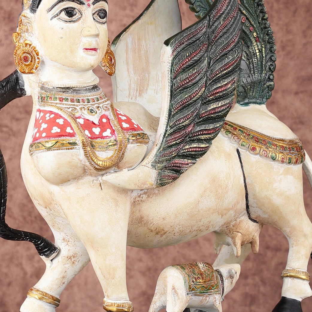 Vintage Brass Kamdhenu Cow with calf Statue | 16.5" hand-painted
