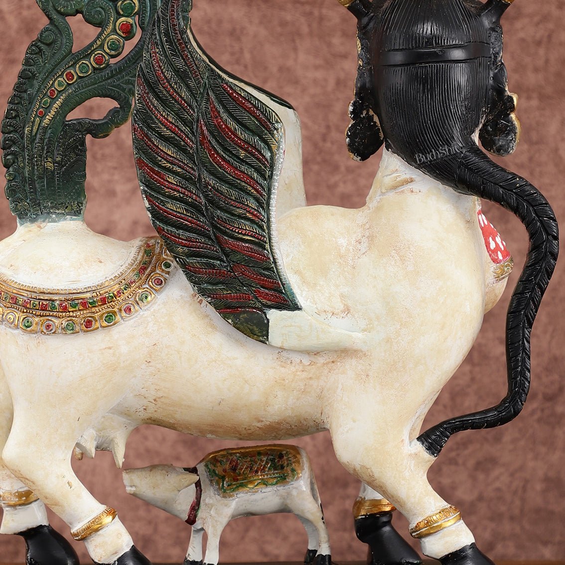 Vintage Brass Kamdhenu Cow with calf Statue | 16.5" hand-painted