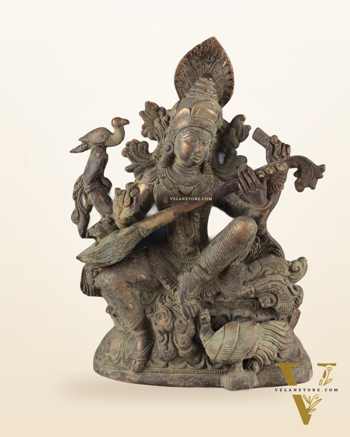 Vintage Saraswati brass idol 11 inches green algae tone