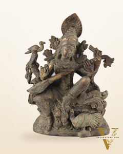 Vintage Saraswati brass idol 11 inches green algae tone
