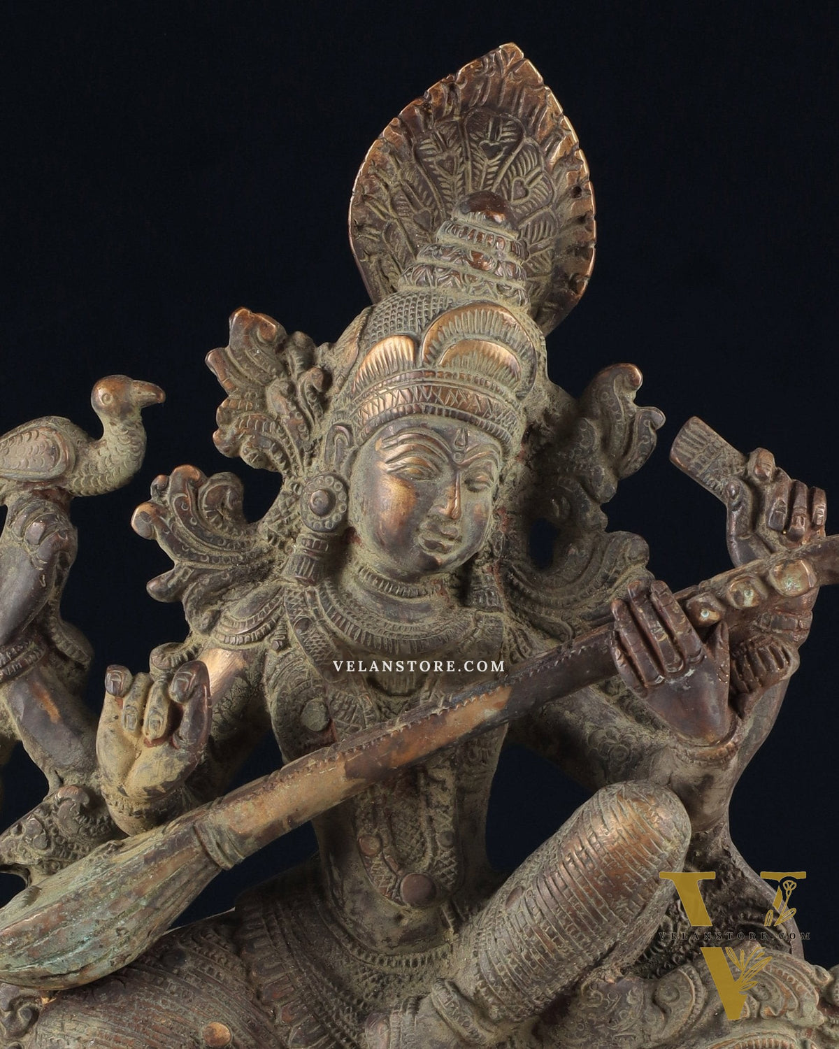 Vintage Saraswati brass idol 11 inches green algae tone