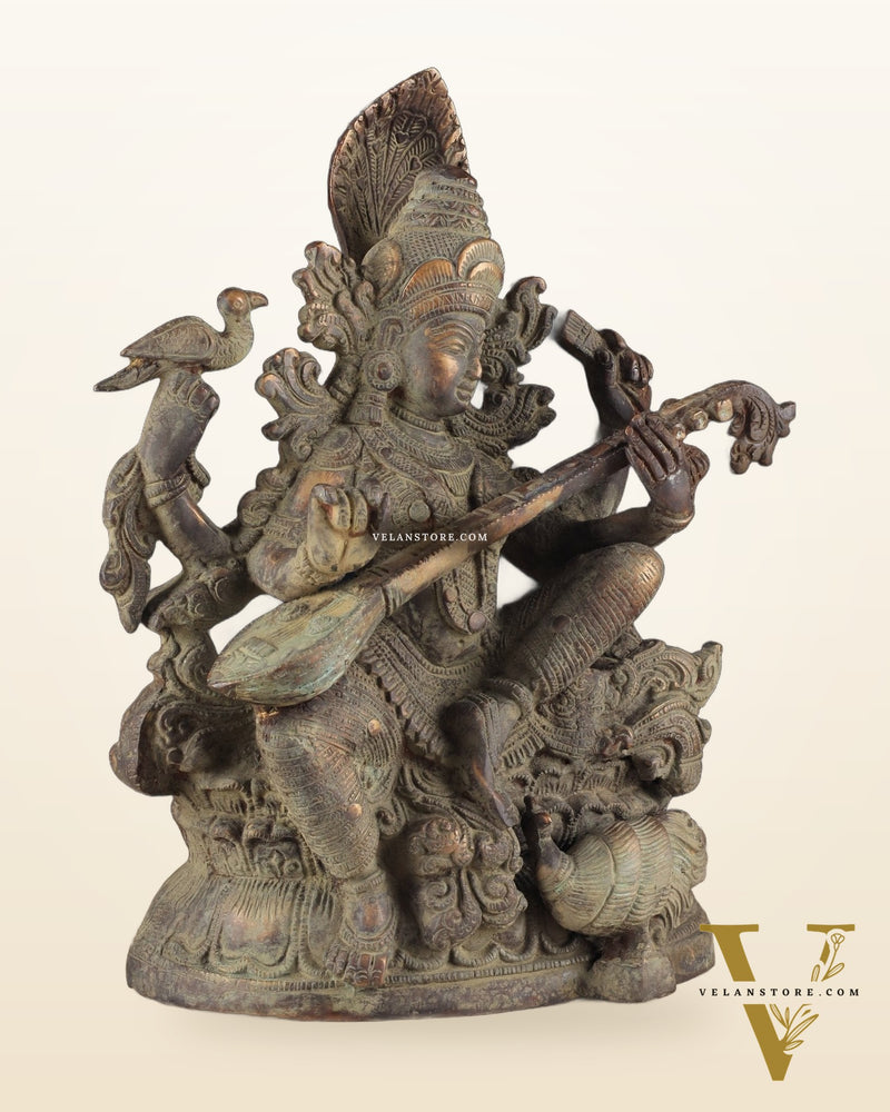 Vintage Saraswati brass idol 11 inches green algae tone