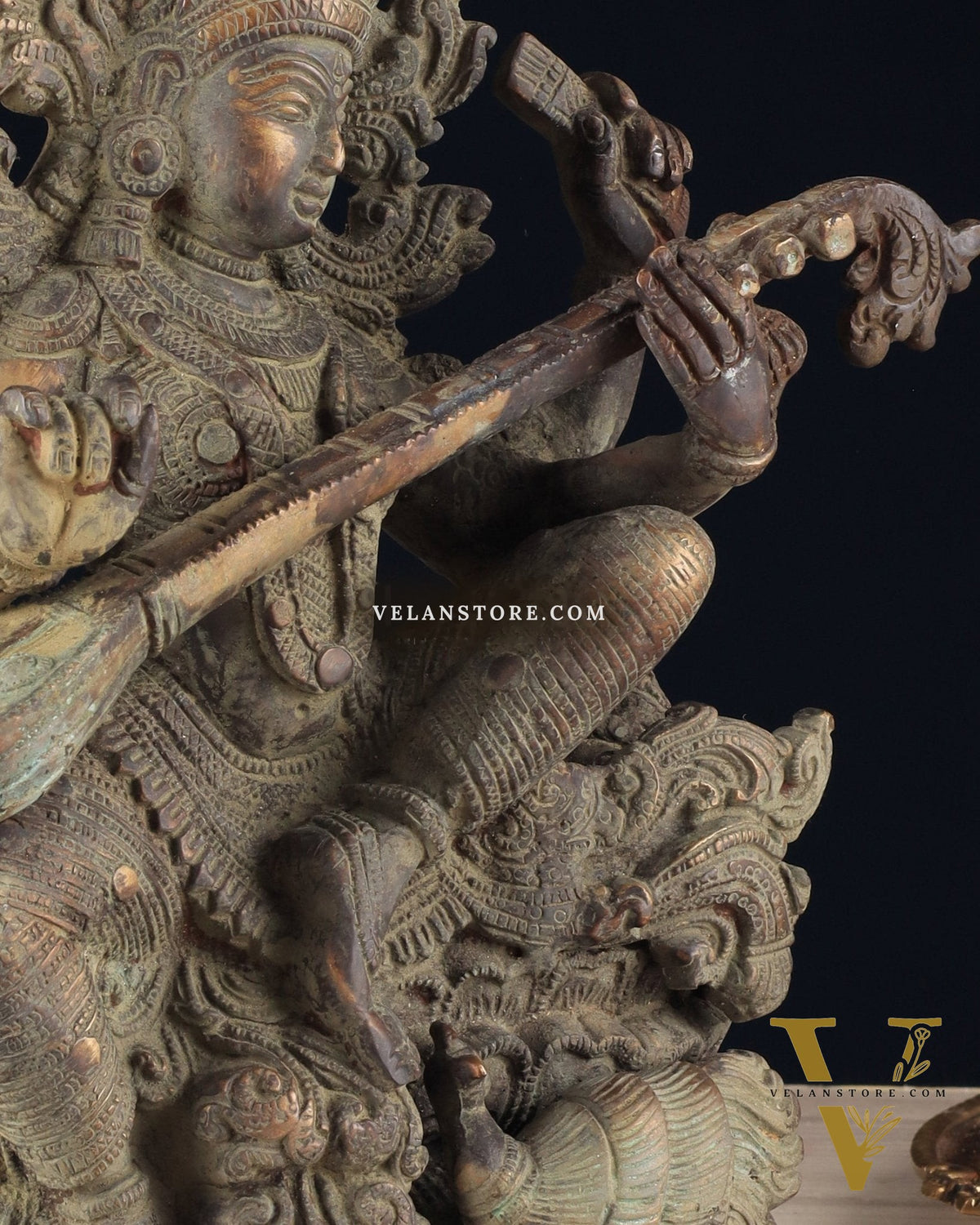 Vintage Saraswati brass idol 11 inches green algae tone
