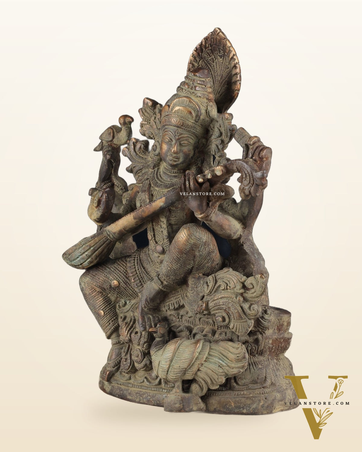 Vintage Saraswati brass idol 11 inches green algae tone