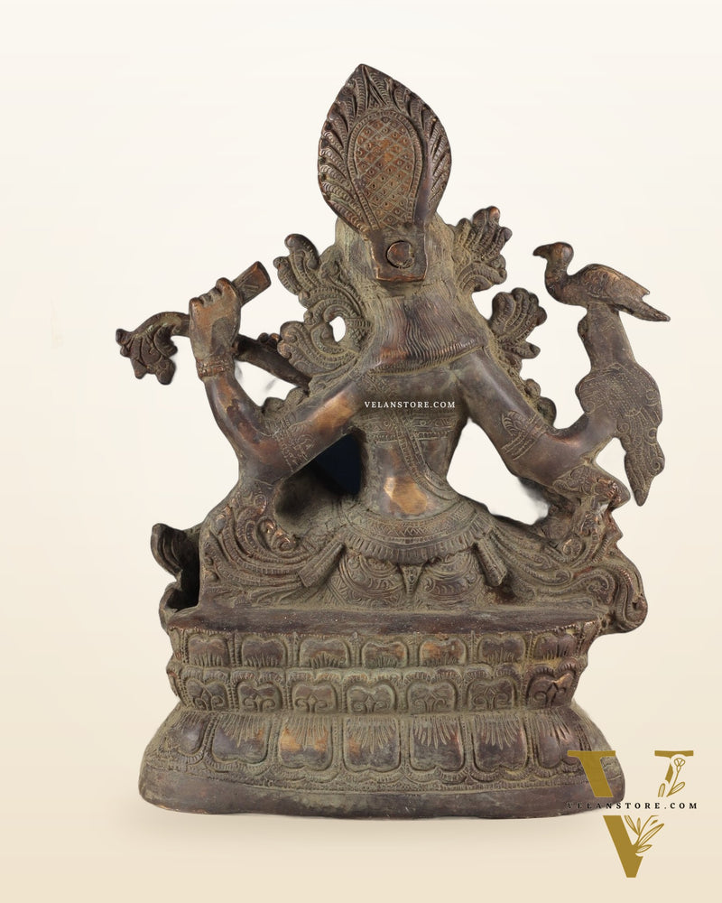 Vintage Saraswati brass idol 11 inches green algae tone