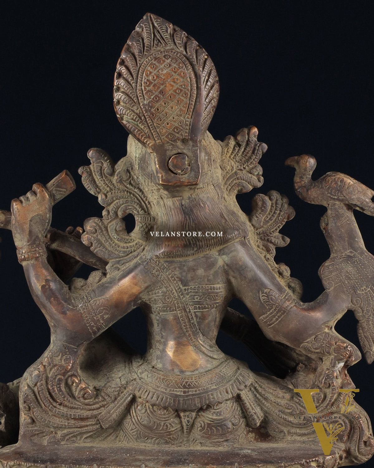 Vintage Saraswati brass idol 11 inches green algae tone