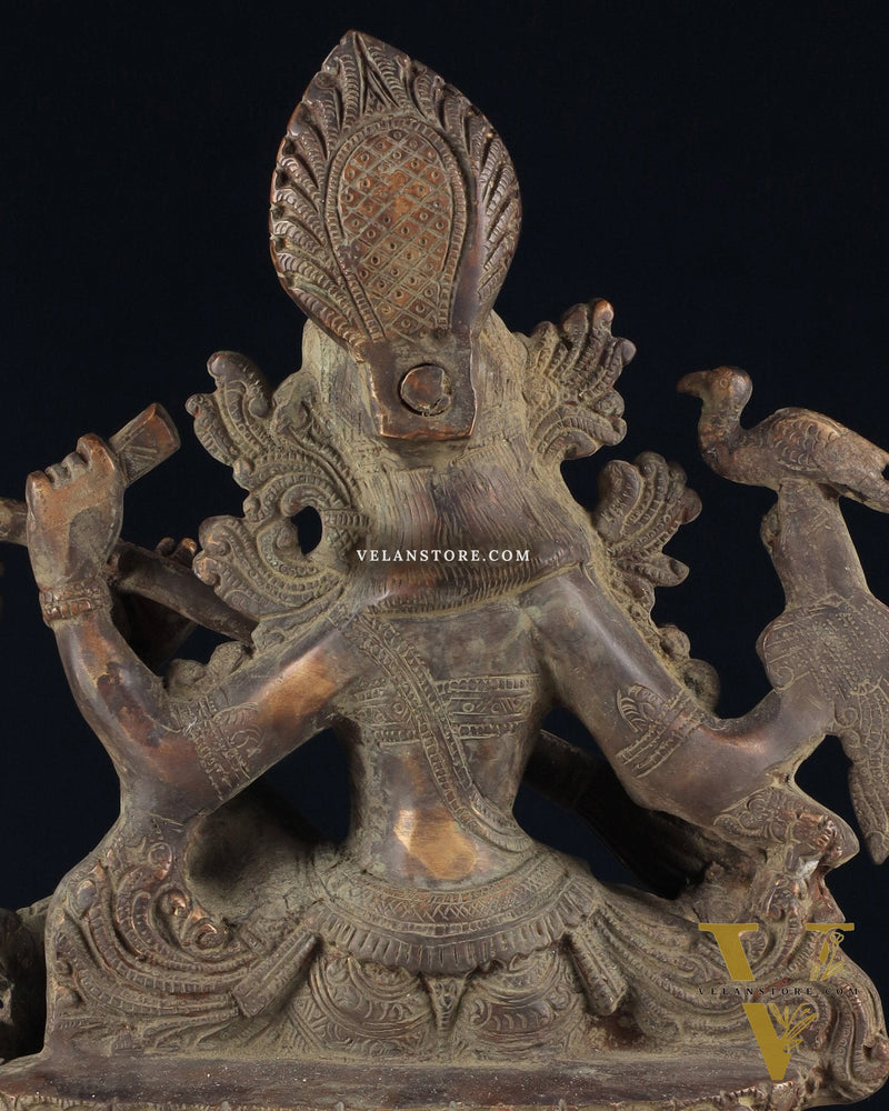 Vintage Saraswati brass idol 11 inches green algae tone